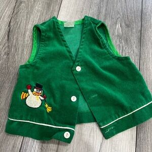 Vintage, paper tag Sears Green Corduroy Vest with Snowman Embroidery